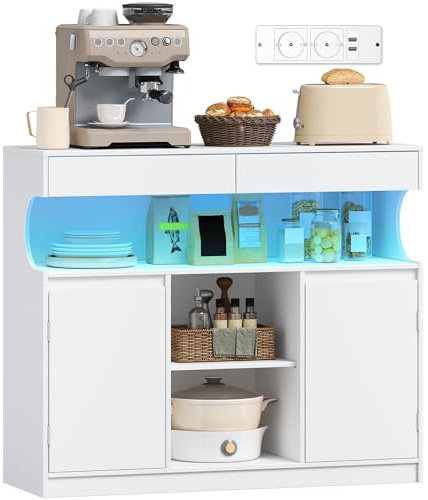 Hzuaneri Sideboard, Küchenschrank mit Steckdosenleiste und LED-Licht, Aufbewahrungsschrank, 2 Schubladen und 2 Türen, Verstellbaren Regalen, Buffetschrank, Esszimmer, Küche, 35×100×85cm, Weiß SC64903X