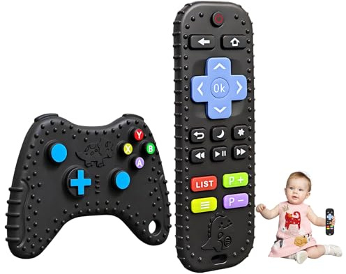 2 Pack Teething Toys for Baby,Teethers for Babies 3-6 Months,TV Remote Control and Game Console Shape Baby Toys, Food Grade Sensory Toys for Babies (Black)