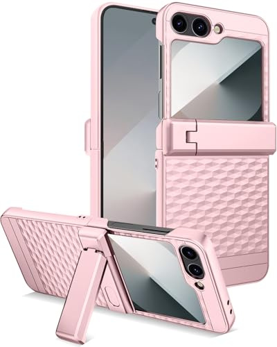 Miimall för Samsung Galaxy Z Flip 6 fodral, [gångjärnsskydd och kickstand] [inbyggt glasskärmskydd], halkfritt diamantmönster stötsäker Samsung Flip 6 skyddande fodral för kvinnor flickor – rosa