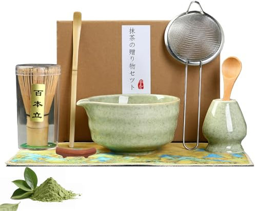 Kit Matcha – Matcha Kit 8 Pièces pour Cérémonie du Thé: Bol Matcha avec Bec Verseur, Fouet en Bambou avec Support, Chashaku, Support pour Chashaku, Cuillère en Bois, Chiffon Chakin, Tamis à Matcha