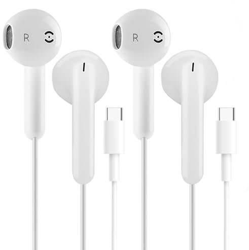 Pack de 2 Auriculares Tipo C para Apple iPhone 16/15 Series, Samsung Galaxy S23/S22/S21/S20/Ultra, Note 10/20, iPad - HiFi Stereo Type C para Música y Llamadas (Blanco)