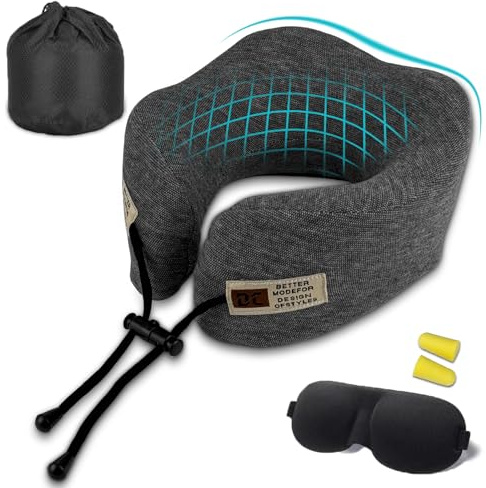 TFCIOD Cuscino da Viaggio Portatile, Cuscino Cervicale da Viaggio in Memory Foam per Aereo e Auto, con Supporto per la Testa a 360 Gradi per gli Occhi e Tappi per le Orecchie, Borsa (Grigio Scuro)