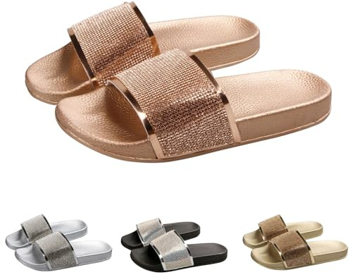 Momolaa Clearance UK 6 Womens Slip on Glitter Diamante Holiday Summer Open Back Mule Sliders Sandals Flip Flop Beach Inddor Outdoor Slippers Sandles Rose Gold