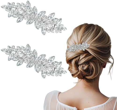KEJOL 2 Clips para el Pelo con Diamantes, Broches de Plata con Piedras Brillantes, Accesorios Elegantes para Bodas, Invitadas, Fiestas y Uso Diario