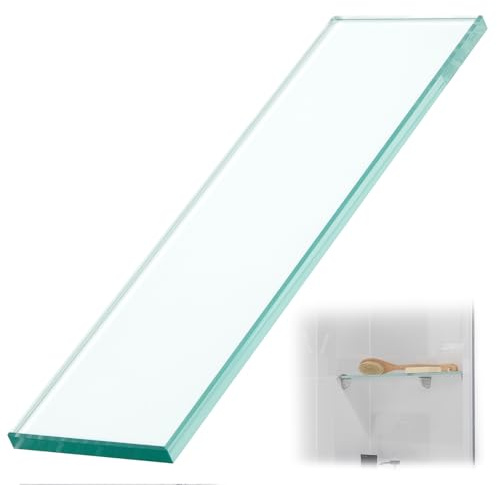 Teenyyou 1 Pcs 3-3/8 x 12 3/8 Glass Shelf for Shower Niche, Tempered Glass Shelf Floating Shelves for Bathroom Essentials DIY Storage Decoration, Easy Install Support Plate