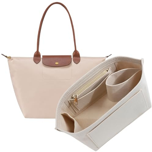 OAikor Purse Organizer Insert for Longchamp Le Pliage L Tote Bag, Felt Lightweight Long Champ Large Tote Divider Shaper with Cup Holder,Zipper Bags Inner Linner with 8 Deepened Pockets,L/Beige