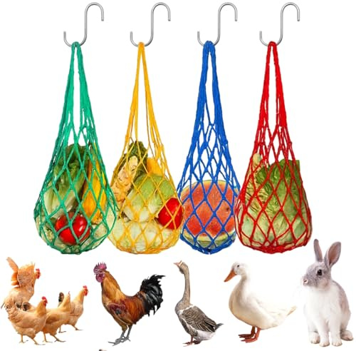 THQAE 4 Pcs Comedero Colgante Bolsa de Red para Pollo, Comedero para Pollos, Bolsa de Malla Colgante para Pollos, Juguete para Forrajear Gallinas, para Pájaros,Patos y Ganso