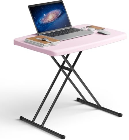 MAKE CHANGES Folding Table 30 Inch - Small Desk Adjustable Height TV Tray for Laptop, Couch, Camping - Heavy Duty Utility Foldable Table for Small Spaces, No Assembly Required, Granite (Pink)