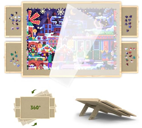 Jigsaw Puzzle Board 1500 Pieces, 2-in-1 Tilting and Rotating Puzzle Board with Drawers and Cover, Wooden Portable Puzzle Board for Adults, Board Game Table for All Ages
