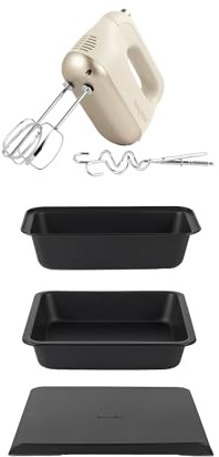 Salter Bakes - Juego de batidora de mano y utensilios para hornear - Incluye molde para pan de 27 cm, bandeja de horno de 32 cm, sartén cuadrada de 23 cm, acero al carbono antiadherente, batidor