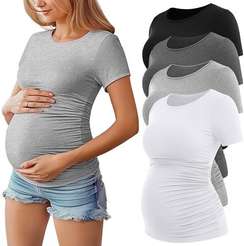 Geyoga Lot 4 Tops Prémaman Manches Courtes Femme | Coton, Col Rond, T-Shirts Prémaman, Froncés Latéraux, Coupe Ajustée, Été, Respirant, Extensible, Décontracté, Doux
