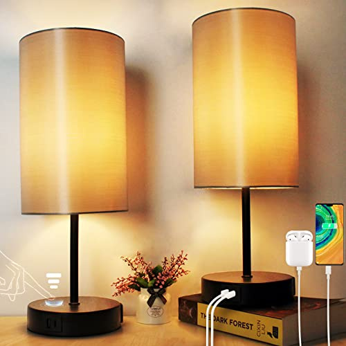 Wondlumi Nachttischlampen 2er Set Schlafzimmer, LED Tischleuchte Touch Dimmbar mit USB Ladefunktion, Kleine E27 Tischlampe Schwarz mit Schirm inkl. 6W Warmweiß LED-Birne