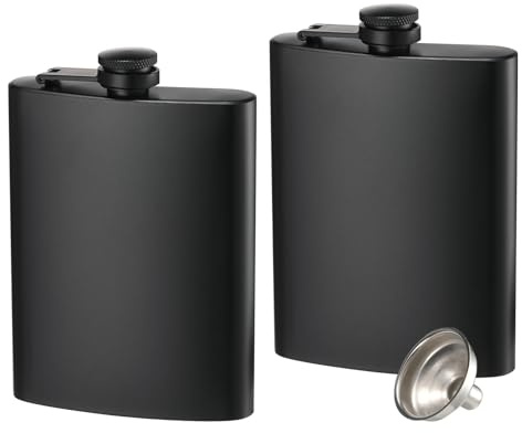 2 Pack Hip Flasks for Liquor, 8 Oz Stainless Steel Leakproof Thin Flasks with Funnel for Men & Women (Matte Black)