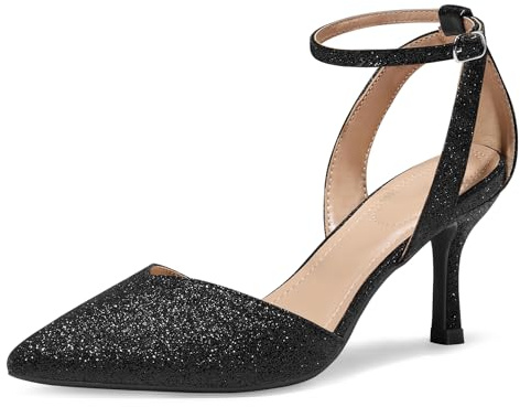 mysoft Women's Pumps Shoes Pointed Toe Kitten Low Heels Stiletto Ankle Strap Closed Toe Wedding Party Dress Sandals Black Glitter