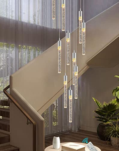 10 Fuß Lange Kristall-Kronleuchter Mit 10 Lichtern - Silberfarbenes Metall, Transparenter Kristall Mit Blase - Pendelleuchte für Wohnzimmer, Treppenhaus, Eingang, Foyer, Hohe Decke