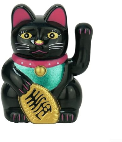 Gato chino de la suerte agitando a Maneki Neko para la riqueza y la prosperidad, acabado dorado (negro)