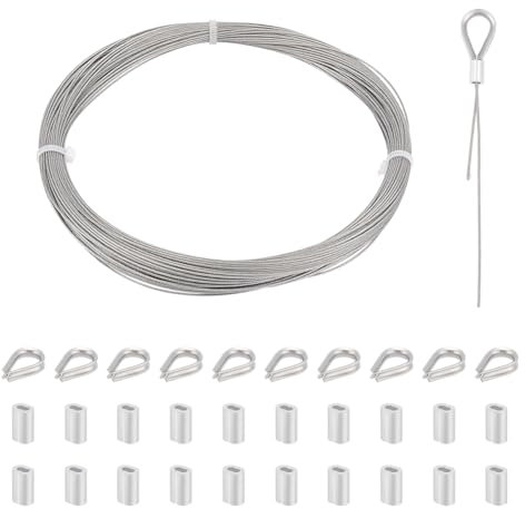 UNICRAFTALE Cable de Acero Inoxidable 50 m, 1 mm, Kit Para Colgar Cuadros, Cable Para Aviones y Jardín Con Dedales y Manguito de Anillo Para Crimpar