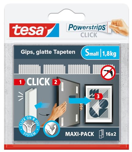 tesa Powerstrips CLICK – självhäftande remsor för fast- och borttagning, bildramset och väggdekoration utan borrning – självhäftande remsor med på/av-klicksystem – liten – 16 x 2 st