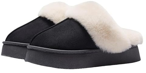 Hausschuhe damen Mann Winter Indoor Solid Color Wildleder Pelz Hausschuhe Damen Home Plattform Warme Uggs Slip-On Damen Schuhe-Schwarz-39-40