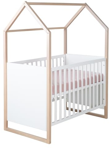 roba 2in1 Baby- & Beistellbett Cabane in Hausoptik - 60 x 120 cm - 6-fach Höhenverstellbar - 5 herausnehmbare Sprossen - Bicolor - Holz natur + Weiß