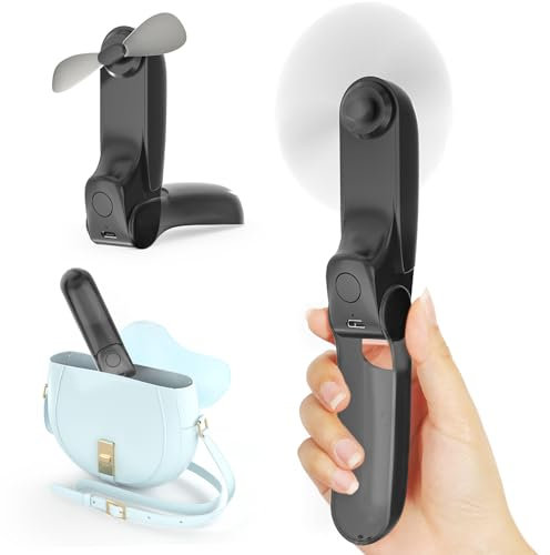 Koonie Mini ventilateur manuel 3 en 1, portable, avec 2 vitesses de vent et 8 heures, rechargeable par USB, avec batterie externe, pour voyage, bureau, extérieur, été noir