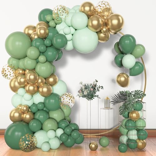BlueCloudy 153pcs Kit de Arco de Guirnalda de Globos Verde Salvia, Diferentes Tamaños 45 30 25 12 cm, Globos de Látex Verde Salvia Oro Metálico con Confeti para Decoraciones de Cumpleaños Fiesta