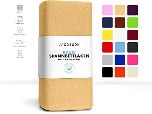 Jacobson Jersey Spannbettlaken Spannbetttuch Baumwolle Bettlaken (140x200-160x200 cm, Beige)