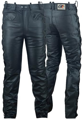 German Wear - Pantaloni da Moto in Pelle con Lateralmente Lato Lacci, Nero, 56