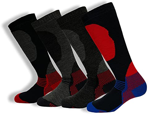 Boy's Kid's Pack of 4 Thermal High Performance Ski Socks with Extra Cushioning, Assorted, UK 12.5-3.5, EU 31-34