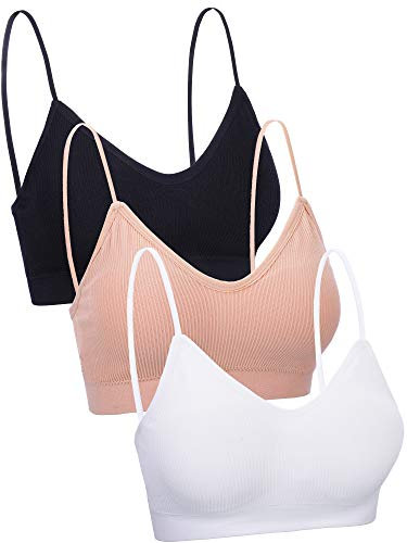 Boao 3 Pieces Neck Tube Top Bra Seamless Padded Camisole Bandeau Sports Bra with Elastic Straps (Black, White, Skin Color, L-XL)