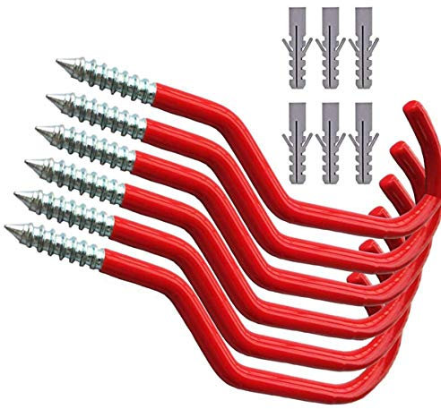 Coocnh Bike Hooks Heavy Duty Bicycle Storage Hooks Set Screw-in Utility Storage Hangers Shed Garage Garden Hook Plastic Coated Wall Mounted/Ceiling for Mountain/Road Bikes Red Pack of 6