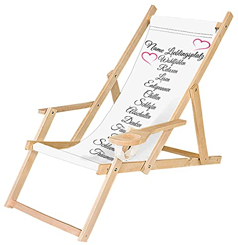 Ferocity Holz-Liegestuhl Klappbar Klappliegestuhl mit Armlehne und Getränkehalter Strandstuhl Motiv Lieblingsplatz [119]
