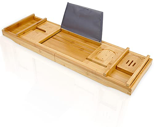 Intirilife Tablette de Bain Extensible en Bambou -73-111 x 23 x 4.5cm- Support réglable- Bathtub Tray avec Porte-Savon,Support pour Livre Bougie Verre de vin Tablette téléphone Tablette de Bain Bois