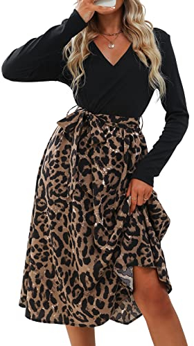 CUPSHE Damen Herbst Kleid V Ausschnitt Langarm Taillenschnürung A Linien Tierdruck Partykleid Freizeitkleider Wrap Midi Dress Brauner Leopardenprint XL