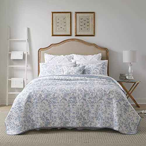 Laura Ashley Ropa de Cama Reversible de algodón con Fundas a Juego, decoración Floral para el hogar para Todas Las Estaciones, Color Azul ámbar, tamaño King