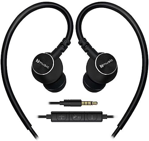 Hmusic Auriculares Deportivos con Cable, Enchufe de 3,5 mm, Carcasa de Metal, Auriculares intraurales con Gancho sobre la Oreja para Deportes, Correr, Entrenamiento, Ejercicio, Gimnasio (Negro)