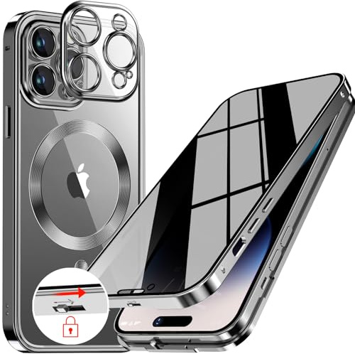 [CD-Metallring & Sicherheitsschloss] Magnetische 360 Grad Ganzkörper Sichtschutzhülle für iPhone 15 Pro Max [Integrierter Linsenschutz] Schutzhülle mit Integriertem 9H-Glasbildschirm, – Titan Natur