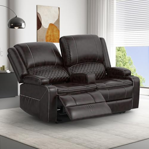 SQUEBILIFE Recliner Chair 2 Seater Sofa Set with Reclining Mechanism, Console Buit-in Cup Holders, USB Ports, Side Storage Pockets Leather Reclining Sofa