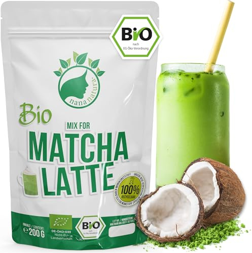 NanaNatura Mix di latte biologico Matcha con 22% tè verde giapponese Matcha in polvere e zucchero di fiori di cocco | per gustare facilmente il tè | anche per gelati e pasticcini