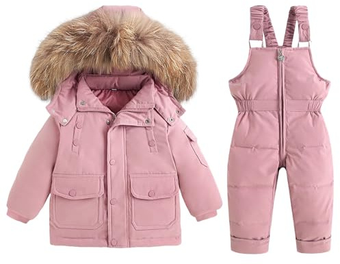 BRONG Toddler Snow Suit Winter Baby Down Jackets Coat with Detachable Hooded Snow Pants Waterproof Kids Girls Boys Ski Suit Set Pink 18-24 Months