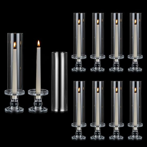 NUPTIO Portacandele in Vetro Uragano - 10 Pezzi Candela Pilastro Stand Cylinder Candlestick Per Taper Candle 35cm Chiaro Alto Bastone Candela con Open Ended Vetro Matrimonio Centrotavola per Tavoli