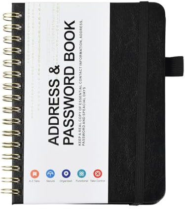 Adressbuch A6 mit Register A-Z, Adressbuch A6 Spiral mit Innentasche, 64 Sheets/128 Pages 14.5x12cm Passwortbuch mit Registerkarten, Adress-Organizer, Telefon-Notizbuch für Website-Logins (Schwarz)