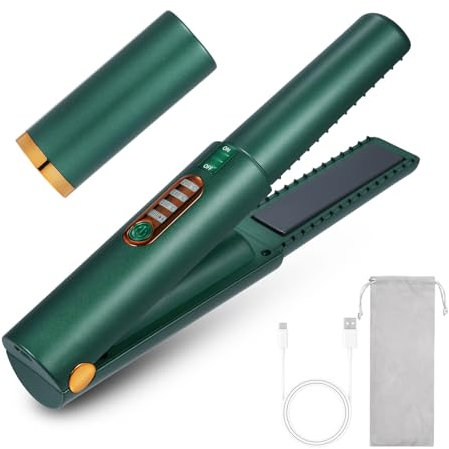 Fer à Friser Portatif Sans Fil Rechargeable de Fer à Lisser, 2 en 1,Mini Lisseur de Voyage Portable,Chauffage Rapide Lisseur Cheveux,3 Température Réglable (vert)