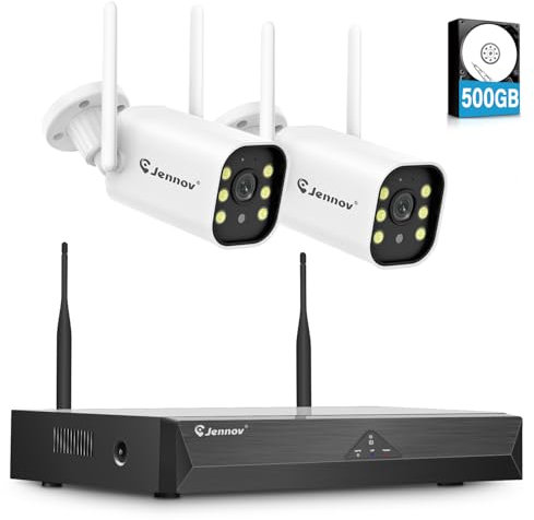 Jennov 5MP Kit Caméra Surveillance Extérieure, 10CH 5MP NVR et 2X 5MP WiFi Caméra avec Grand Angle 120°, Enregistrement 24/7, Détection Humaine, Audio Bidirectionnel, Vision Nocturne Couleur,500G HDD