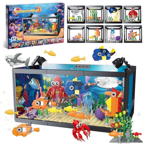 8 in 1 Fish Tank Building Sets, Marine Aquarium Building Toy with LED Light Animal Miniature Landscape Including Octopus Crab, Christmas Birthday Gifts for Adults Boys Girls Kid Ages 6 8 10 12+