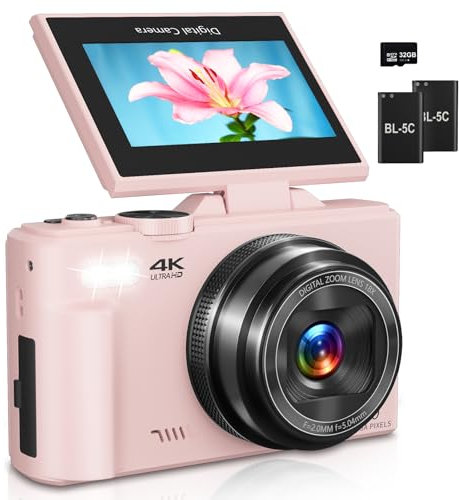 Appareil photo numérique pour la photographie, caméra de vlogging 4K pour YouTube 3 avec écran rabattable à 180°, zoom numérique 18x, appareil photo compact avec carte TF 32 Go et 2 batteries, rose