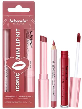3PCS Matte Liquid Lipstick Baume à lèvres et kit de lèvre crayon à lèvres, Baume à lèvres rose teinté hydratant, Brillant à lèvres au collagène pour les lèvres sèches, Set Up de maquillage (# 02)