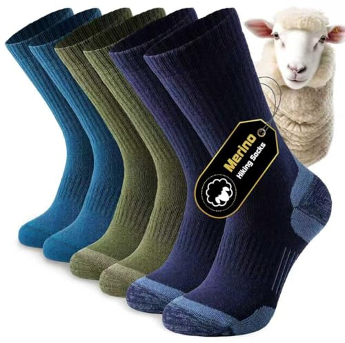 Niorasen Merino Wool Hiking Socks for Men Women, Cushioned Anti Blister Walking Socks, Moisture Wicking Athletic Performance Thermal Socks for Running Trekking Work Outdoor Sports, 3 Pairs
