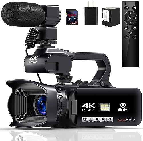 JIOWEATHER Videocámara 4K HD 64MP 18X Zoom digital Vlogging Cámara para YouTube Videocámara con WiFi, batería de 4500mAh, tarjeta SD de 64GB, estabilizador, micrófono, control remoto