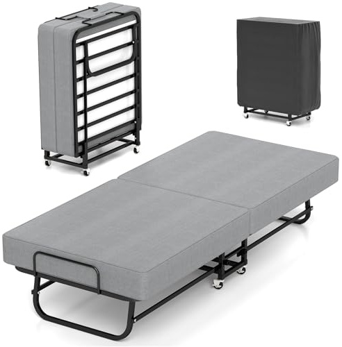 RVONOW Folding Bed with Mattress, Portable Fold Up 79x190cm Bed for Adults, Space Saving Foldable Single Guest Beds on Wheels, 6cm Thick Memory Foam Mattress and Metal Frame